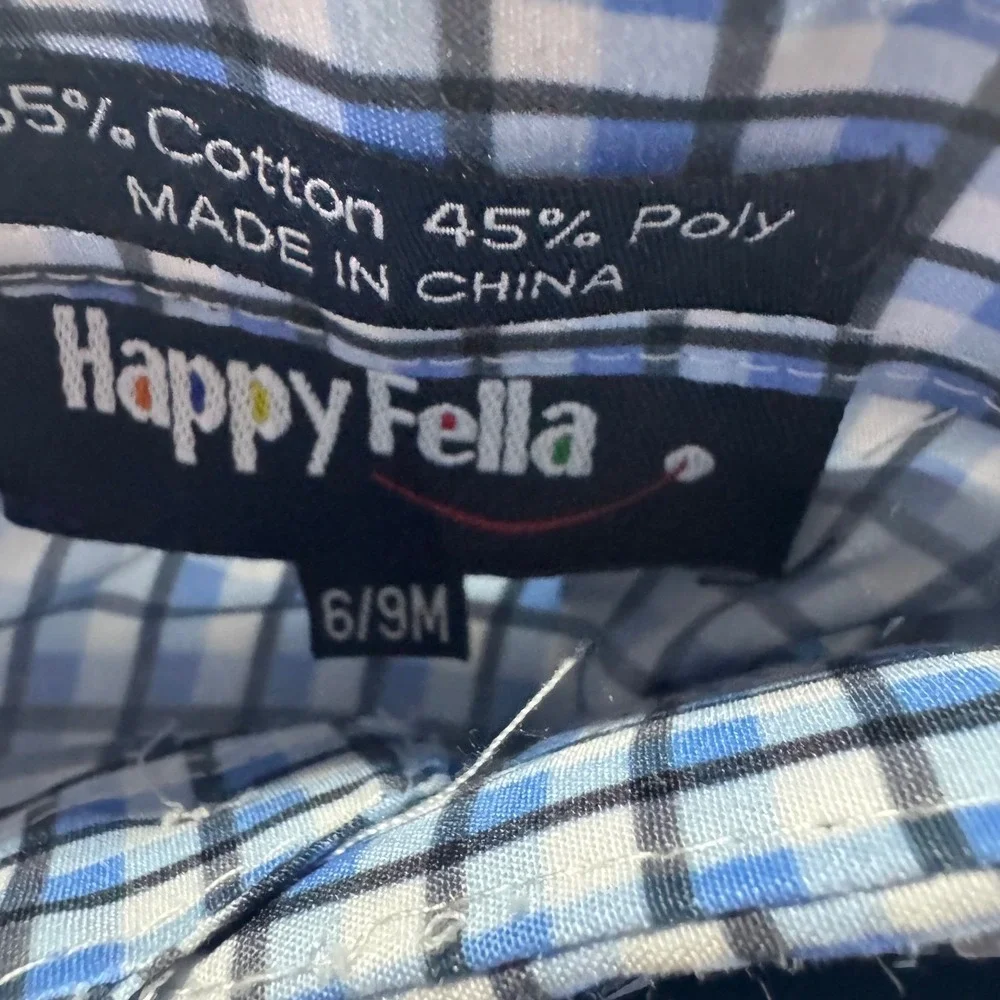 Happy‎ Fella Outfit Set Boys 6-9M Blue Checkered Shirt Pants Bow Tie 3pc Set